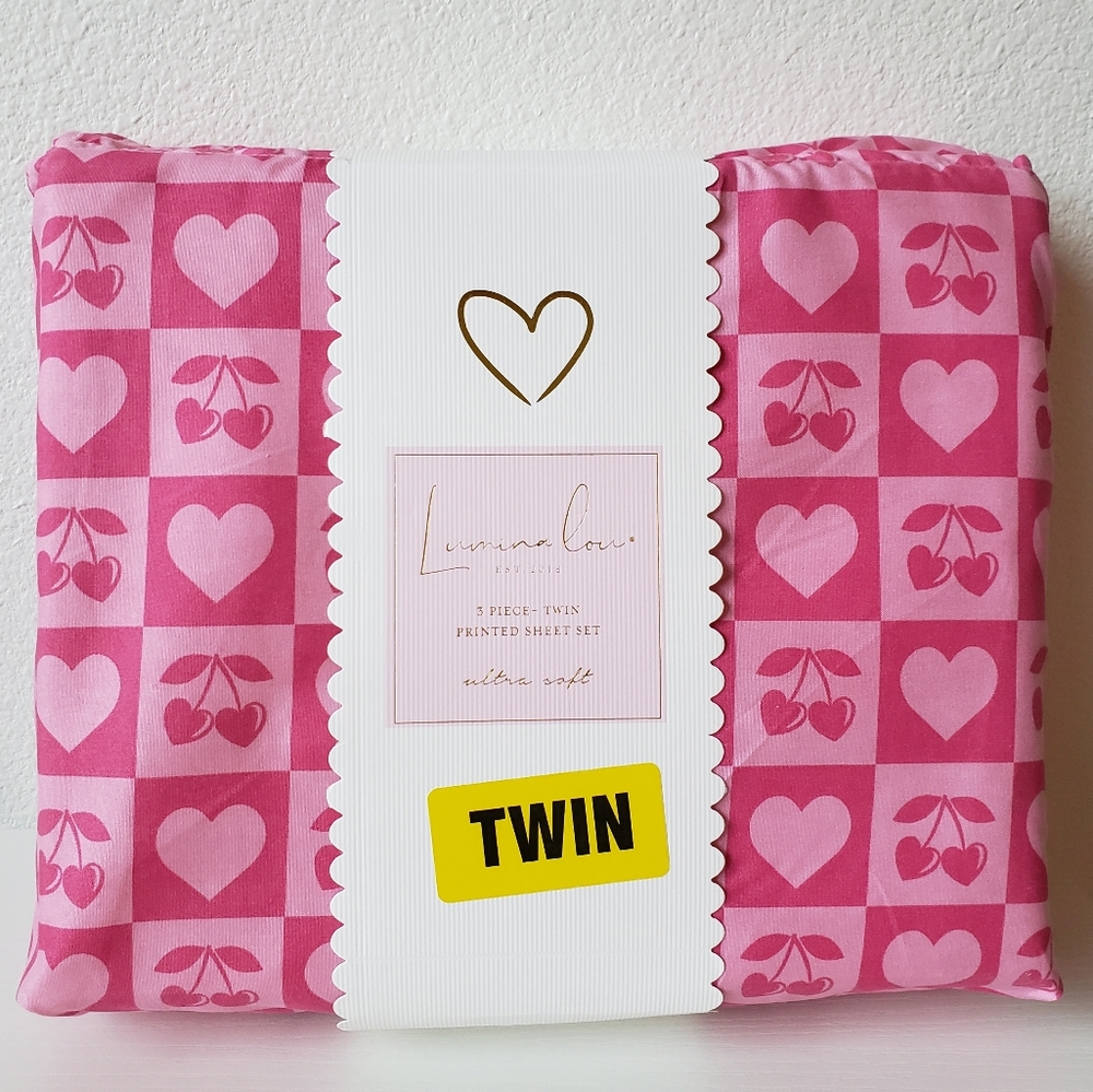 Cherries Bed Sheet Set Twin 3-pc Hearts Checkered Pink Valentines Day Coquette
